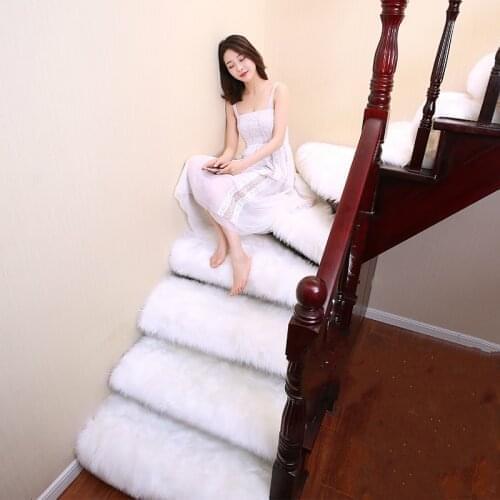 European faux wool plush fluffy carpet stair rug hallway mats solid rotating stair step mat white black gray fur rug customized