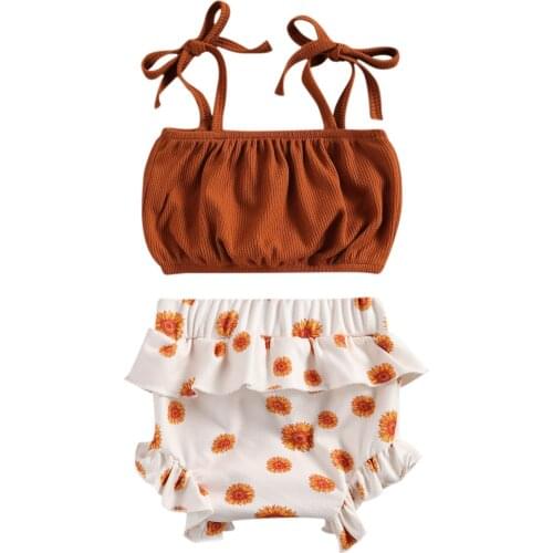 Newborn Baby Girls 2-piece Outfit Set Sleeveless Solid Color Ribbed Vest Tops+Sunflower Print Shorts Set
