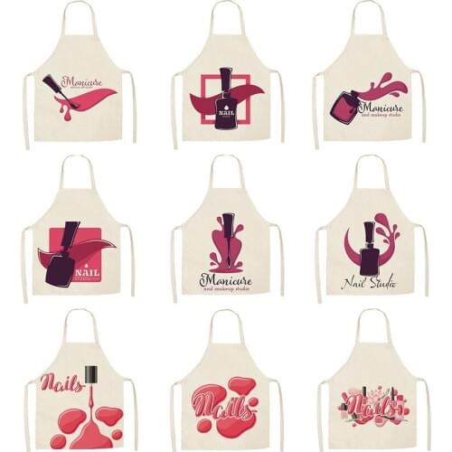 Linen Kitchen Apron Pink Nail Polish Theme Print Kitchen Aprons Unisex Dinner Party Cooking Bib Funny Pinafore Cleaning Apron