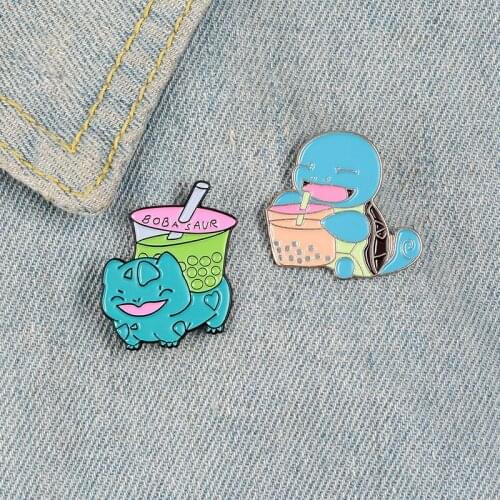 Cartoon animal tortoise drinking water pearl milk tea smiley face enamel brooch pin alloy badge clothes bags accessories jewelry