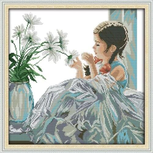 The girl with flowers cross stitch kit 14ct count fabric canvas x stitching material bag embroidery DIY handmade needlework plus