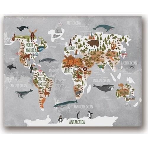 Woodland Animal World Map Poster Art Prints Nursery Decor , Watercolor Map With Animals Canvas Painting For Kids Room Wall Art