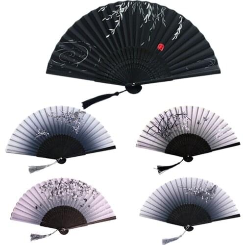 Retro Chinese Japanese Silk Folding Fan Wooden Shank Classical Dance Fan High Quality Tassel Elegant Female Fan Home Decorations