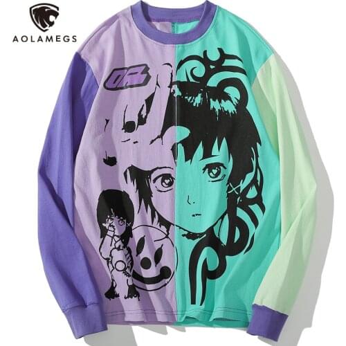 Aolamegs Mens Sweatshirts Patchwork Cartoon Print Hoodies Men Harajuku Streetwear Casual Hip Hop Pullover Long Sleeves Tops