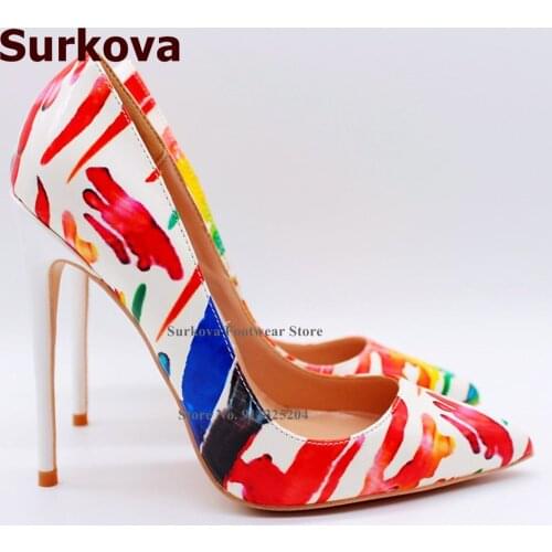 Surkova White 12cm High Heels Shallow Dress Pumps Red Blue Multi-color Printed Wedding Shoes Pointed Toe Painted Footwear Size45