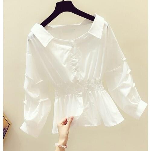 Lantern Sleeved Slash Neck Women Blouse 2020 Summer New Long-Sleeved Ruffles A-Line Office Lady Elegant Pulls Outwear Coat Tops