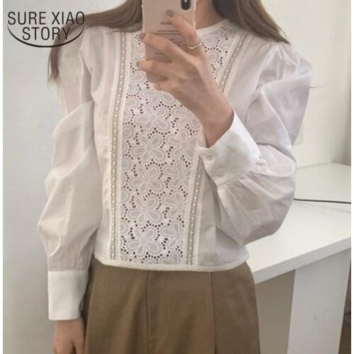Office O Neck Floral Women Blouse New Fashion Hollow Out Lantern Sleeve Female Shirt Spring White Women Shirts Clothing 13271