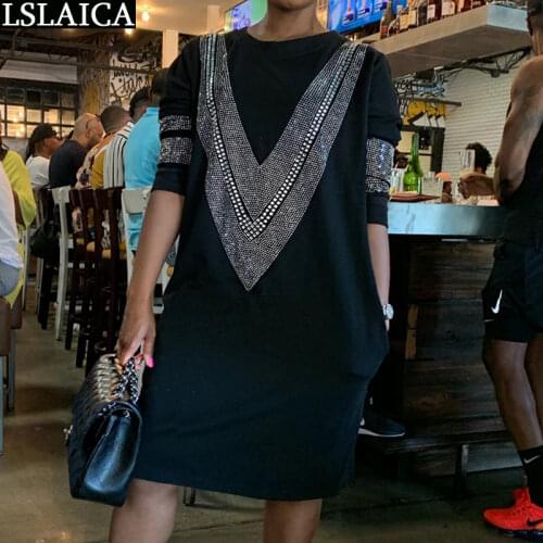 Ladies Dresses New Arrival 2020 Long Sleeve Hot Diamonds Loose Autumn Winter Dresses Casual Street Style Party Vestidos Vintage