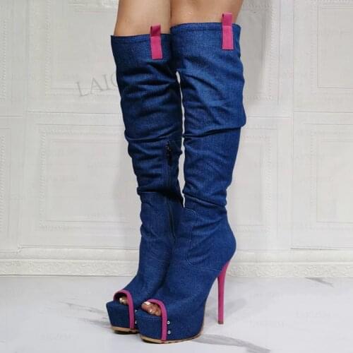 SEIIHEM Women Knee High Boots Platform Pleated Peep Toe Thin High Heels Tall Boots Denim Black Shoes Woman Big Size 40 42 48 52
