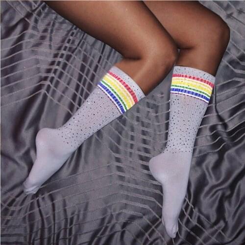 1 Pairs Girls Striped Solid Color Tape Drills Thigh High Knee Rainbow Casual Warm Long Stockings 2020 New arrival