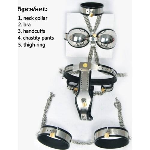 5pcs/Set Female Chastity Belt Kit Neck Collar Bra Handcuffs Chastity Pants Thigh Ring BDSM Bondage Sex Toys For Woman Fetish