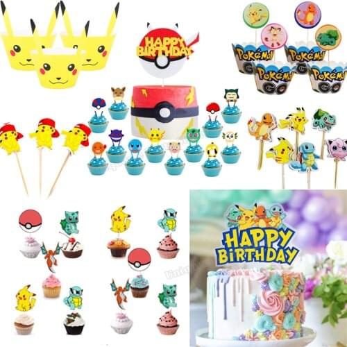 Pokemon Cake Decorating Supplies Happy Birthday Pikachu Poke Ball Cup Cake Anime Figure Cake Insert Flag DIY Party Decoration