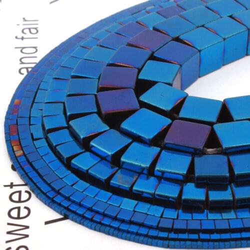 Natural Hematite Blue Cube Shape Smooth 2/3/4/6/10mm Loose Stone Beads For DIY Necklace Bracelets Jewelry Making Strand 15"