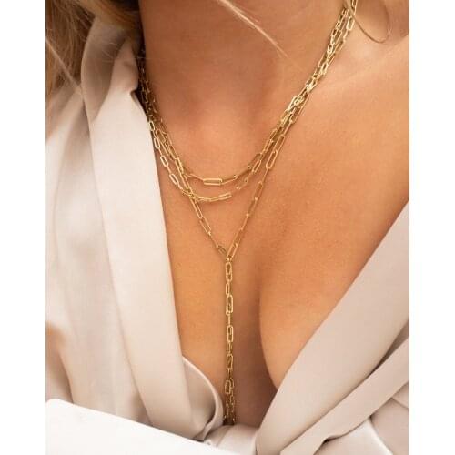 Rectangle Open Link Chain Multi Triple 3 Layer Women Necklace Gold Color Simple Sexy Long Y Lariat Women Chains