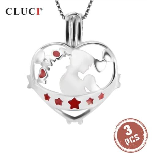 CLUCI 3pcs Silver 925 Mom And Baby Pearl Locket 925 Sterling Silver Heart Shaped Pendant Gift For Mother SC237SB