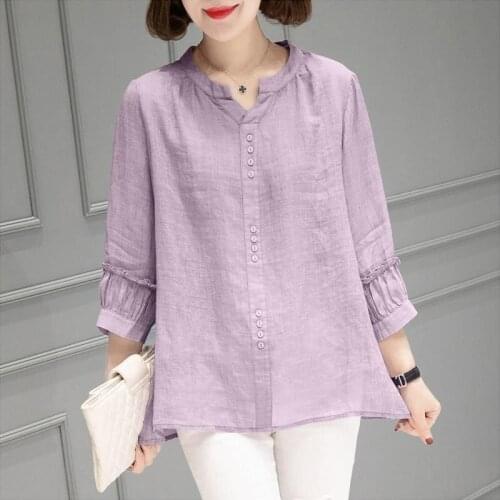 Cotton 100% Solid Cotton Linen Women Shirts Summer Vintage V-Neck Long-Sleeved Loose Casual All Match Female Outwear Tops