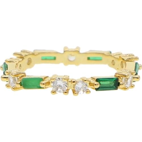 Yellow gold color finger rings with rainbow green white cz paved tiny band women lady stackable rings for wedding ring jewelry