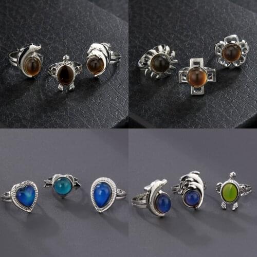 3Pcs/set Change Mood Dolphin Turtle Ring for Women Men Emotion Feeling Changeable Temperature Control Gems Color Changing Rings
