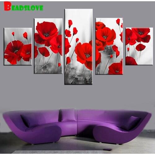 Red Poppies Flowers 5pcs Diamond painting Multi Pane Diamond patterns,full round/square embroidery 5D DIY Diamant B17