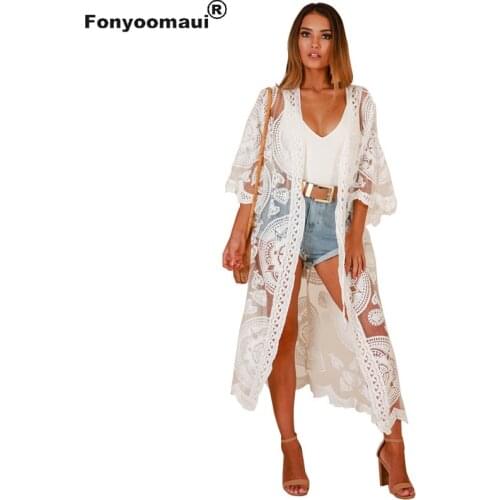 Maxi Boho Kimono Kaftan Cover-Ups Gown Robe Women Sheer Lace Crochet Beach Dress Long Open Front Cardigan Long Sleeves For Lady