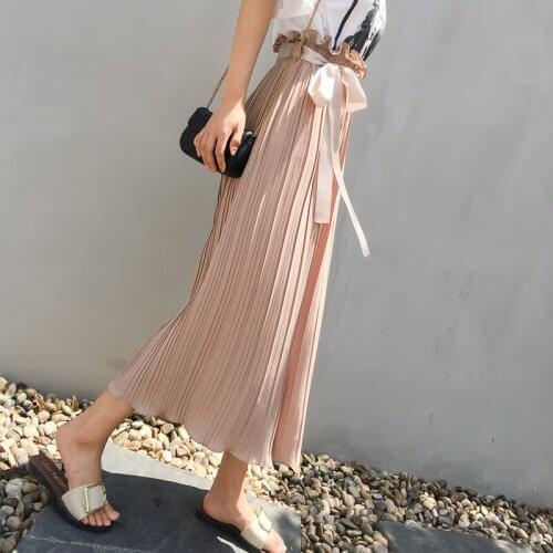 Fashion Summer Ruffles Pleated Chiffon Wide Leg Pants Women Ribbons Bow Elastic Waist Trousers Sashes Solid Beach Leggings Mw312