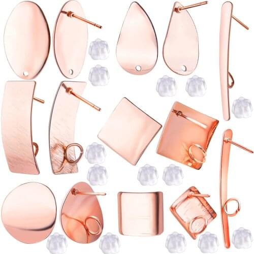 14pcs Rose Gold Earring Posts Kit Round Oval Square Rectangle Earring Studs with Loop Hole and Earring Backs for Jewelry Making