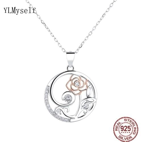 Real 925 Silver Metal Pendant Plated by Rhodium+Rose gold, Pave Setting With Shiny Ziron, Flower Design Fine Jewelry Necklace