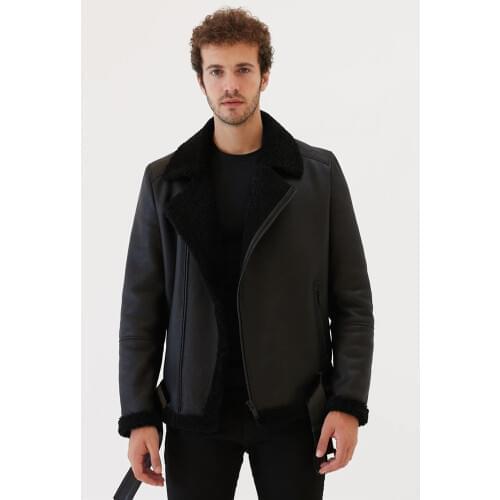 2019 New Mens Biker Black Shearling Jacket Turkey Leather Jacket Mens Fur Coat Short Bomber Jacket