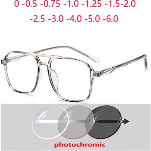 Double Beam Oversize Myopia Glasses Men Women Big Frame Retro Photochromic Prescription Spectacle Diopter -0.5 -0.75-1.0 To -6