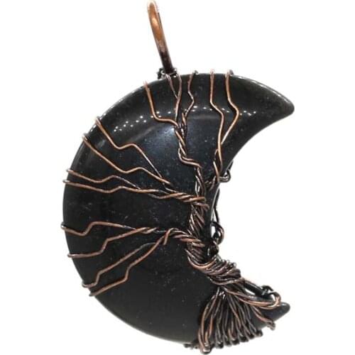 KFT Antique Copper Wire Wrap Tree of Life Chakra Natural Black Agates Crescent Moon Stone Pendant Women Men Jewelry