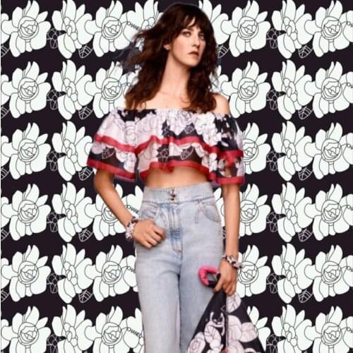 Polyester satin fabric French brand designer series black bottom floral pattern new fabric for skirt and trousers clothes sewing