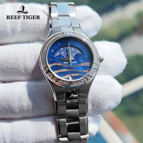 Reef Tiger/RT Fashion Women Watch Diamond Design Dial Moon phase Women Quartz Watch Sapphire Crystal Female Watch