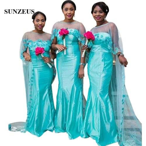 Mermaid Turquoise Blue Taffeta Bridesmaid Dresses With Long Tulle Cape Flowers Wedding Guest Dress For Women African Party Gown