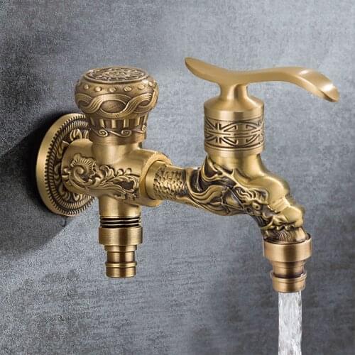 Garden Brass Faucet Antique Dragon Type Carved Washing Machine Taps Dual Use 4/6 Single Cold Faucets Pool Bathroom Accessories