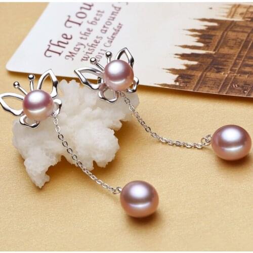 Free shipping Nice quality butterfly shape solid 925 silver real natural pearl women long dangle earring серьги
