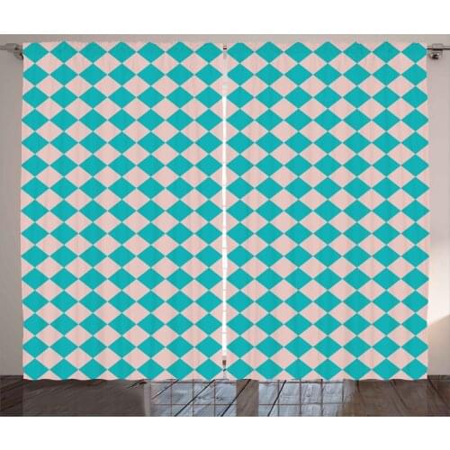 Turquoise Checkered Curtains Retro Art Diamond Shapes Satin Fabric Drapes for Living Room Bedroom 2 Panel Window Set