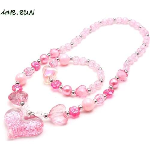 MHS.SUN Cute Design Heart Beaded Necklace Bracelets Lovely Pink Beads Jewelry Set For Girls Child Valentines Day Gifts