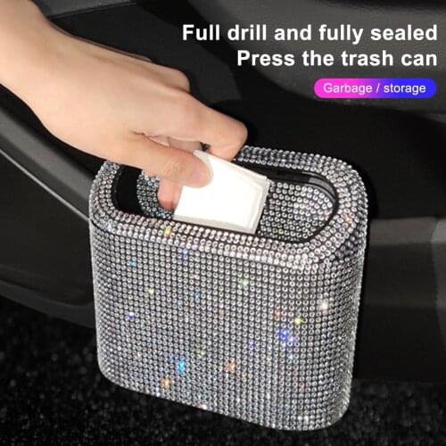 Car Bling Trash Can Storage Bin with Press-Type Lid Shiny Rhinestones Car Storage Box Bag Hanging Type Car Interior Dropshipping