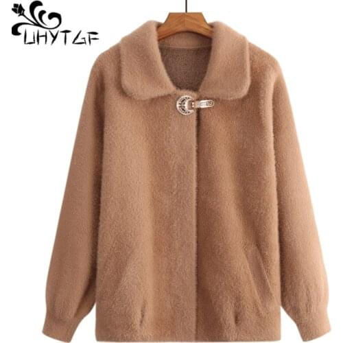UHYTGF Quality Mink Cashmere Autumn Winter Coat Women Solid Color Wild Elegant Female Jacket Fashion Mom 4XL Plus Size Tops 730
