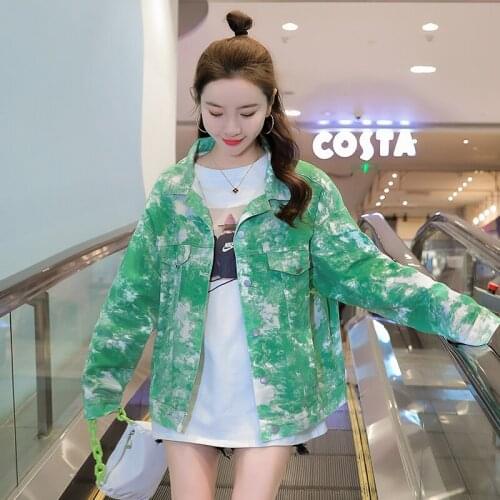 Womens Autumn Tie-Dye Denim Jacket Green Single-breasted Jean Jackets Long Sleeve Loose Casual Coats Plus Size Chaquetas Mujer