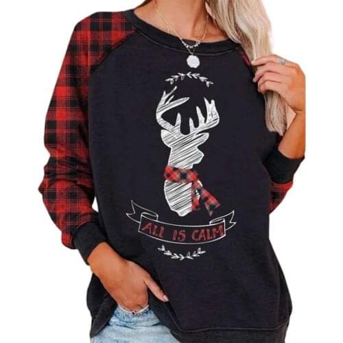 Womens Christmas Letter Printed Sweatshirt Long Sleeve Crew Neck Casual Blouse Plaid Shirts