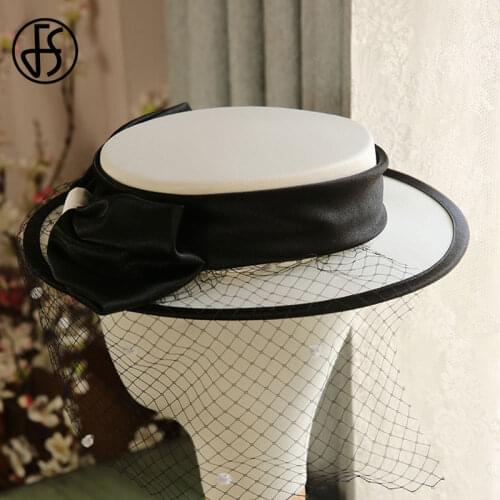 FS Flat Top Fedora Hat For Women White Wide Brim Fascinator Wedding Church Hats Elegant Bow Veil Bride Kentucky Derby Hat