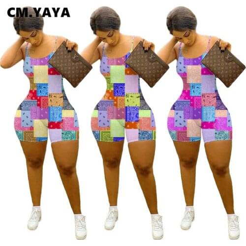 CM.YAYA Women Bandanna Paisley Print Sleeveless tank Rompers Sexy Streetwear Active Above Knee Jumpsuit Sexy Playsuit Outfiits