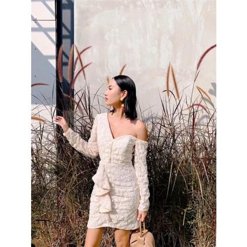 2019 new arrive beige bodycon sequined mini dress one shoulder sexy women party dress