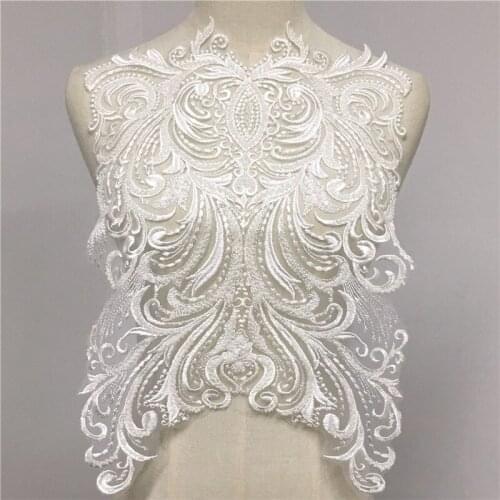 1 Piece Ivory Large Pearl Beaded Lace Applique Embroidery Flower Mesh Sewing Wedding Dress Lace Fabric 45*31cm