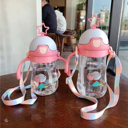 2 Use Cartoon Portable Baby Feeding Water Drink Straw Water Bottle Sippy Cup with Handle&Sling Learning Drinking Bottle 280ml