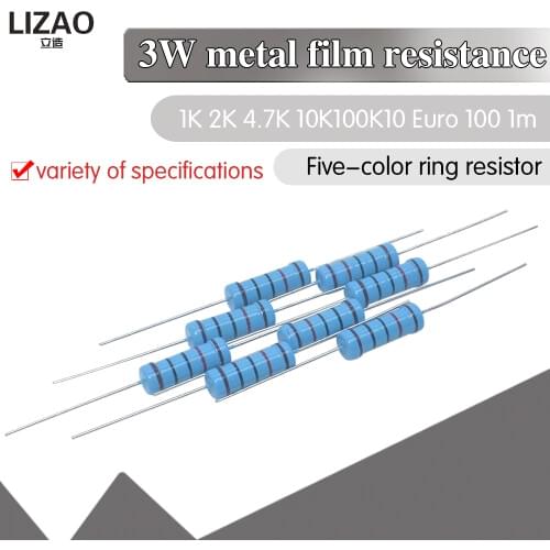 20pcs 3W Metal film resistor 1% 1R ~ 1M 1R 4.7R 10R 22R 33R 47R 1K 4.7K 10K 100K 1 4.7 10 22 33 47 4K7 ohm resistance