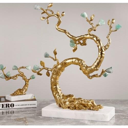 Home Decor Accessories Luxtry Copper Pine Tree Figurine Room Natural Fluorite Ornament Objects Office Hotel Marble Statue Gifts