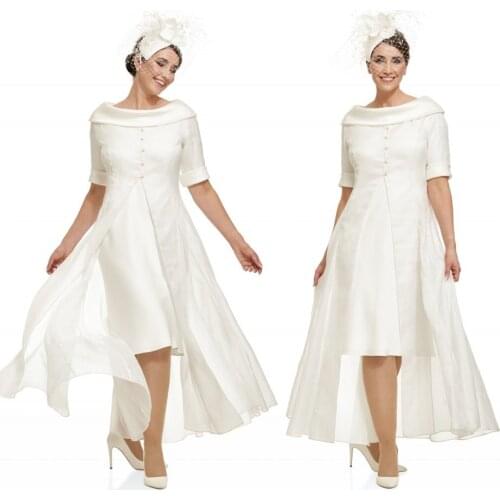 2020 White Mother Of The Bridal Dresses Scoop Short Sleeve Split Satin A Line Prom Dress Ankle Length Mothers Dresses