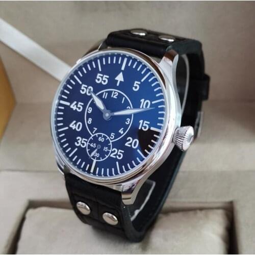 GEERVO No logo Pilot style 44mm Manual mechanical mens Watch Black dial super luminous ST3621 Movement rivet with Black strap